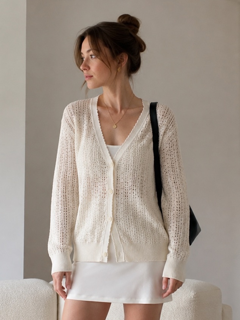 Aritzia Wilfred Reverence Cotton Pointelle Cardigan Ivory Medium Knit Balletcore